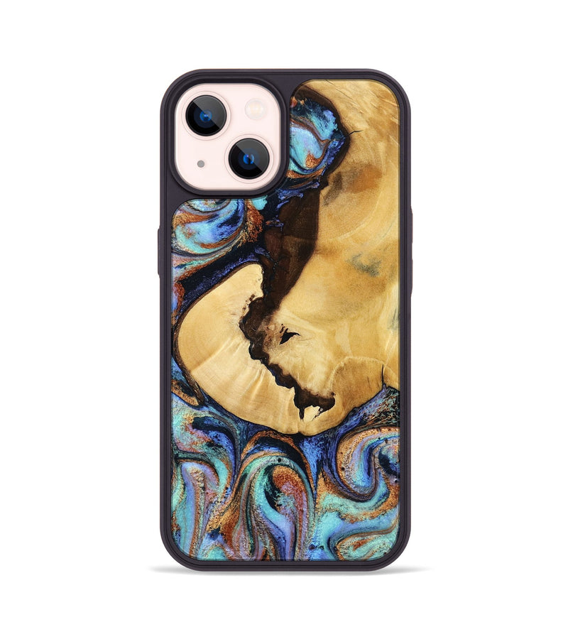 iPhone 14 Wood Phone Case - Joy (Teal & Gold, 801459)