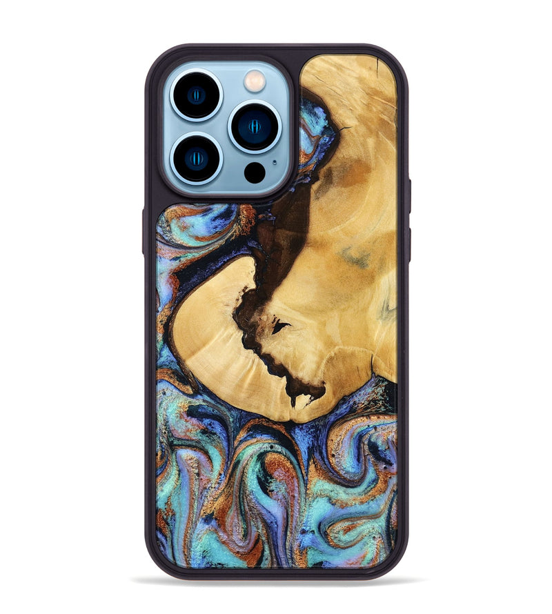 iPhone 14 Pro Max Wood Phone Case - Joy (Teal & Gold, 801459)