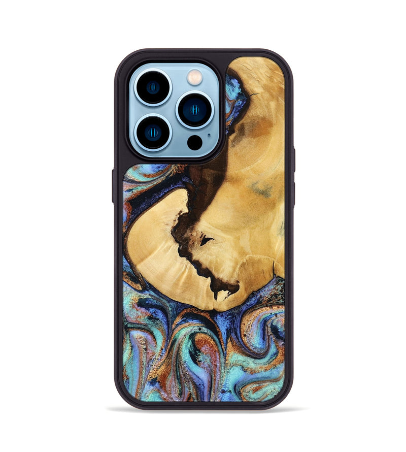 iPhone 14 Pro Wood Phone Case - Joy (Teal & Gold, 801459)