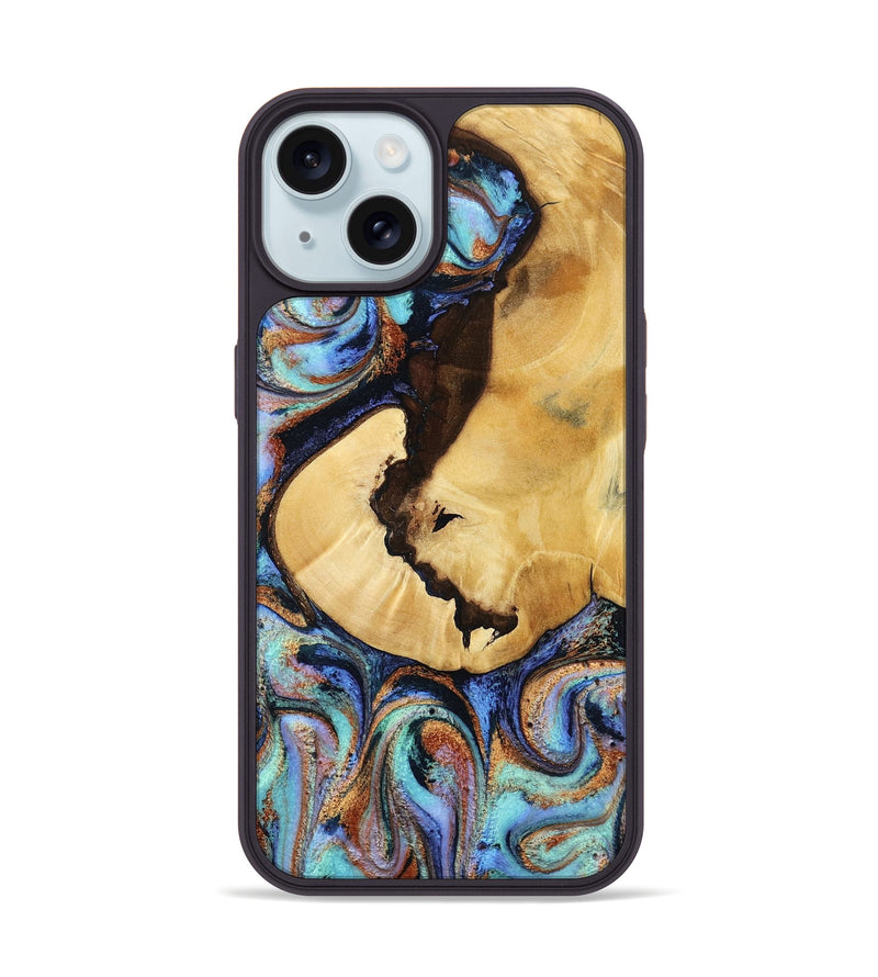 iPhone 15 Wood Phone Case - Joy (Teal & Gold, 801459)