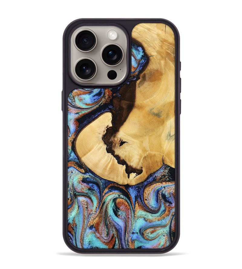 iPhone 15 Pro Max Wood Phone Case - Joy (Teal & Gold, 801459)