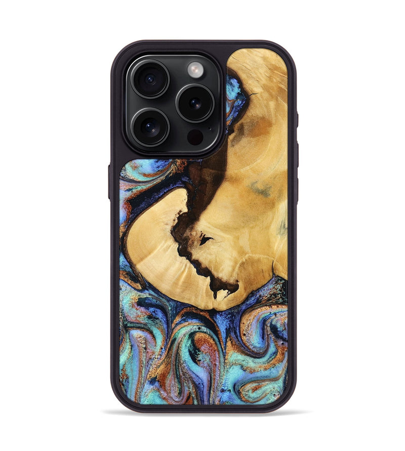 iPhone 15 Pro Wood Phone Case - Joy (Teal & Gold, 801459)