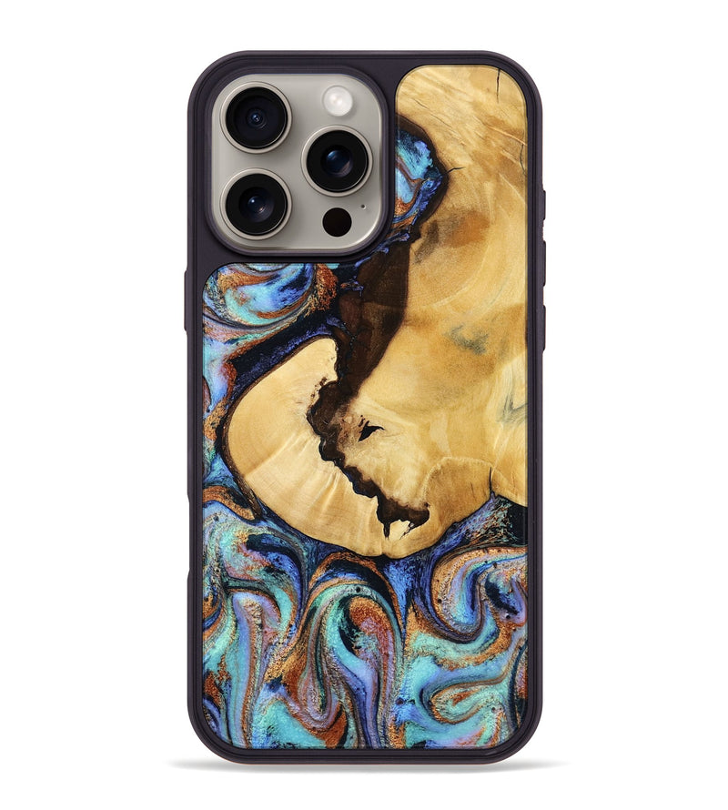 iPhone 16 Pro Max Wood Phone Case - Joy (Teal & Gold, 801459)