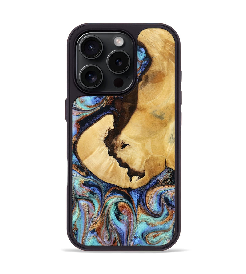 iPhone 16 Pro Wood Phone Case - Joy (Teal & Gold, 801459)