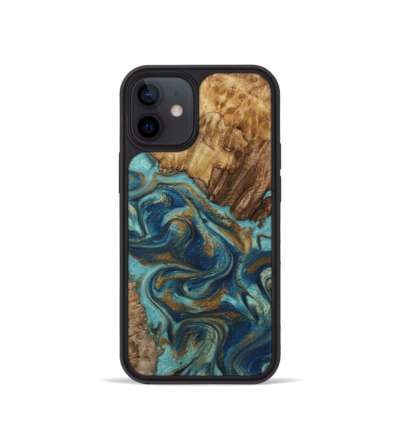 iPhone 12 mini Wood Phone Case - Perla (Teal & Gold, 801460)