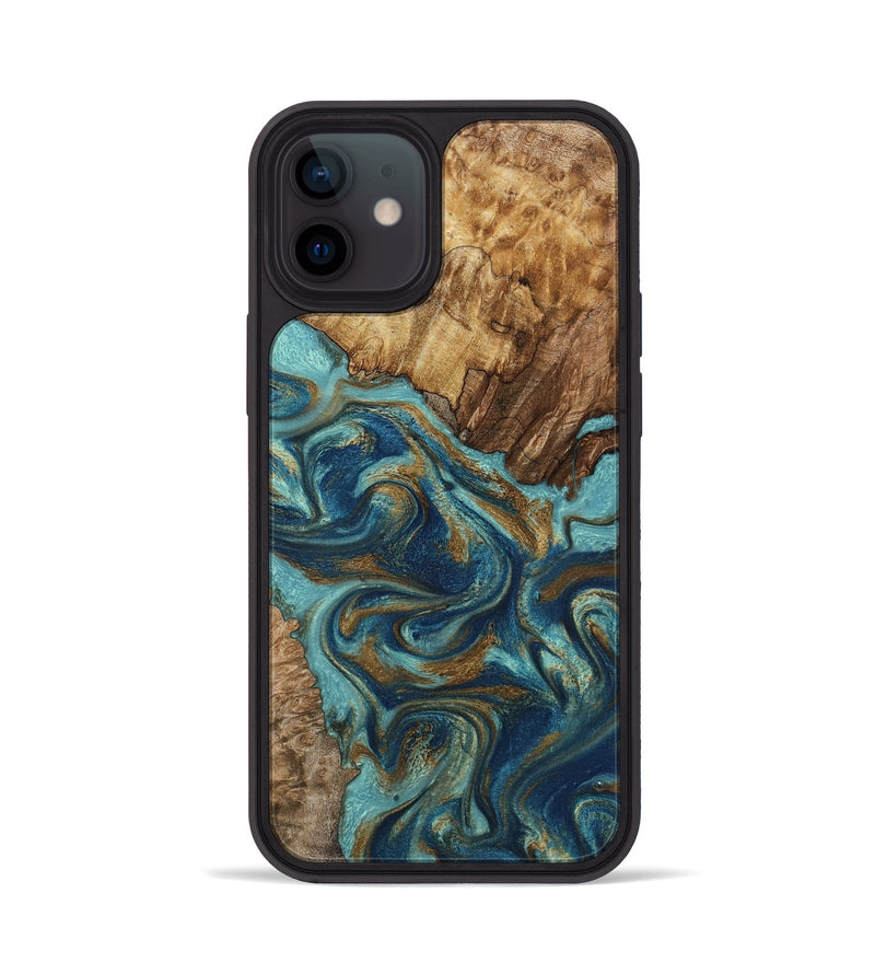 iPhone 12 Wood Phone Case - Perla (Teal & Gold, 801460)
