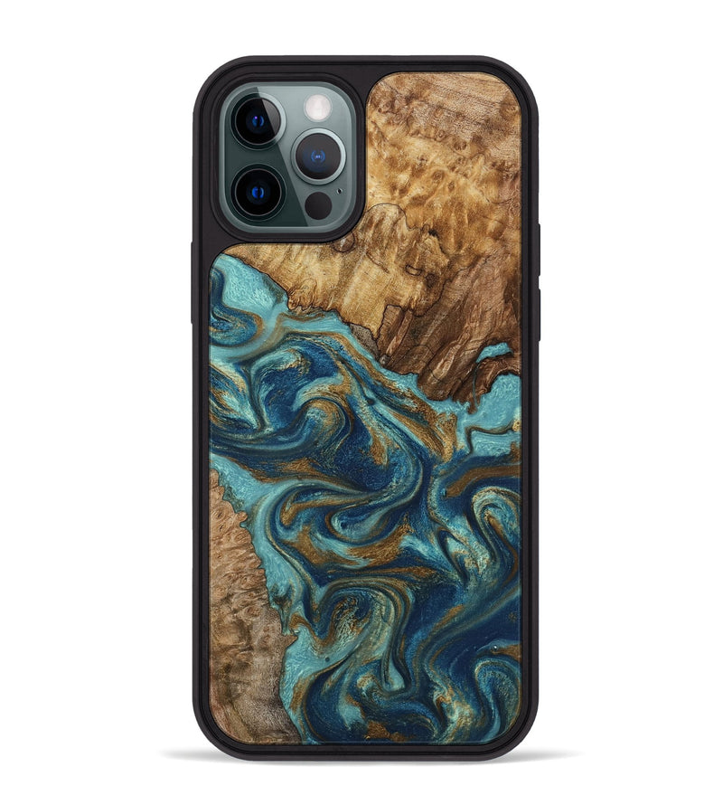 iPhone 12 Pro Max Wood Phone Case - Perla (Teal & Gold, 801460)