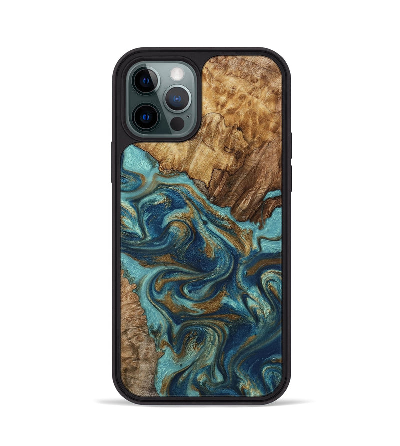 iPhone 12 Pro Wood Phone Case - Perla (Teal & Gold, 801460)