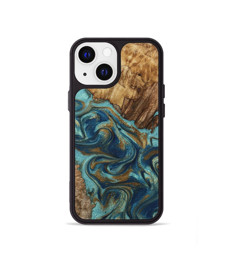 iPhone 13 mini Wood Phone Case - Perla (Teal & Gold, 801460)