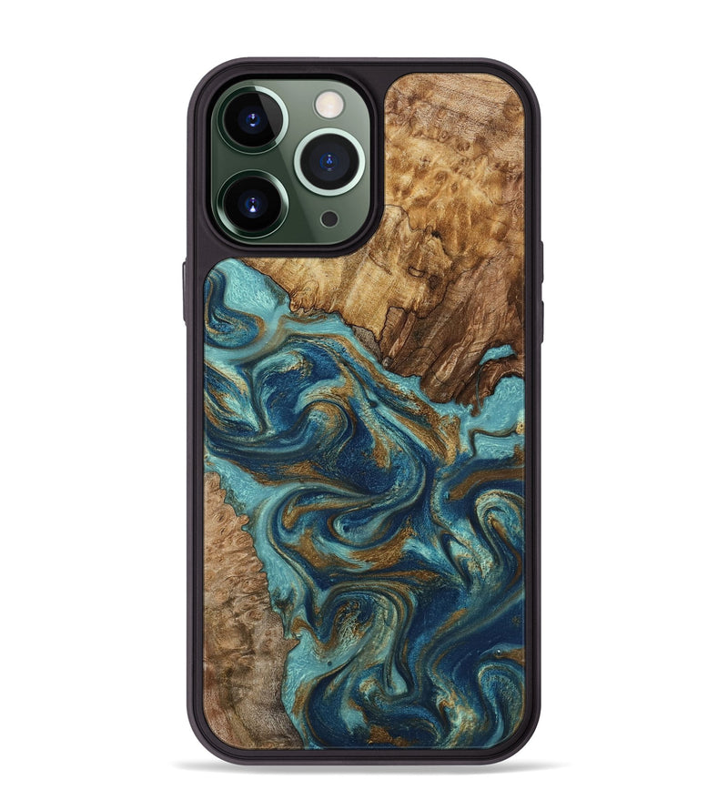 iPhone 13 Pro Max Wood Phone Case - Perla (Teal & Gold, 801460)