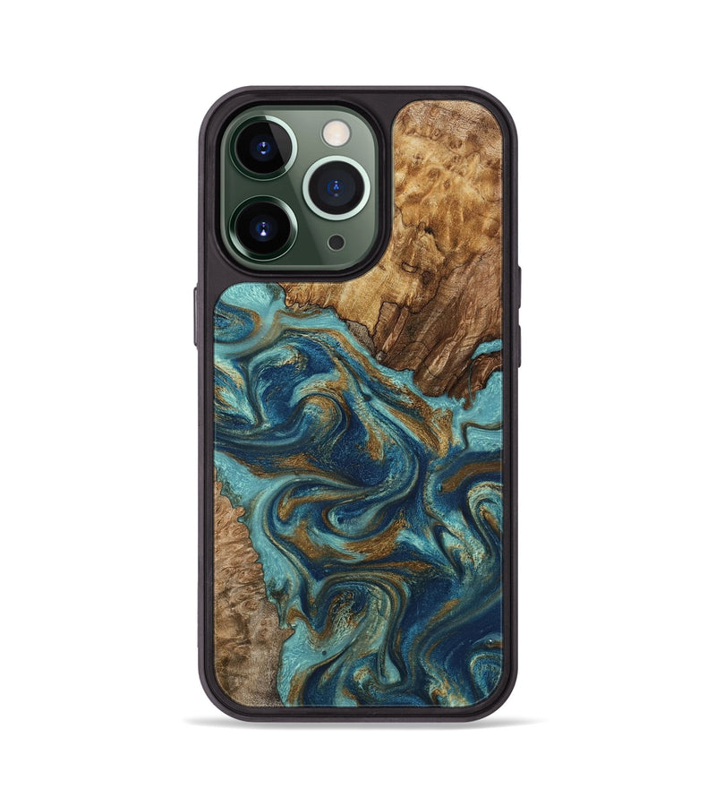 iPhone 13 Pro Wood Phone Case - Perla (Teal & Gold, 801460)