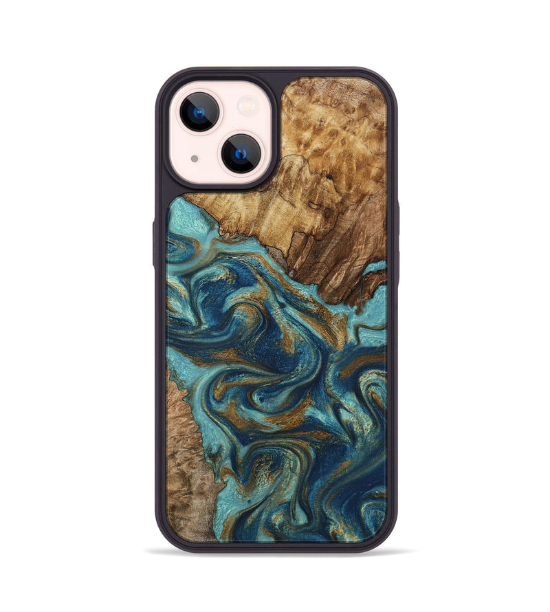 iPhone 14 Wood Phone Case - Perla (Teal & Gold, 801460)