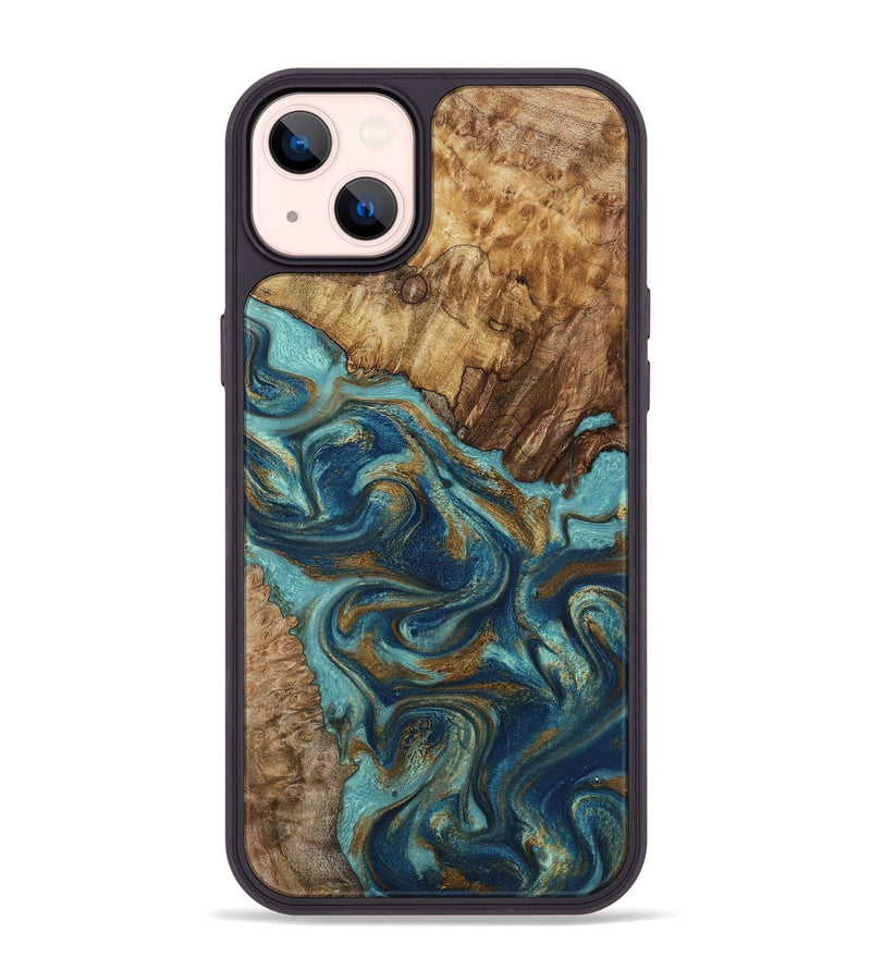 iPhone 14 Plus Wood Phone Case - Perla (Teal & Gold, 801460)