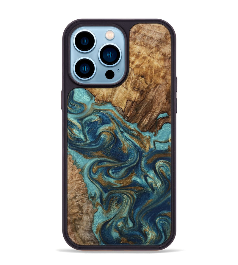 iPhone 14 Pro Max Wood Phone Case - Perla (Teal & Gold, 801460)