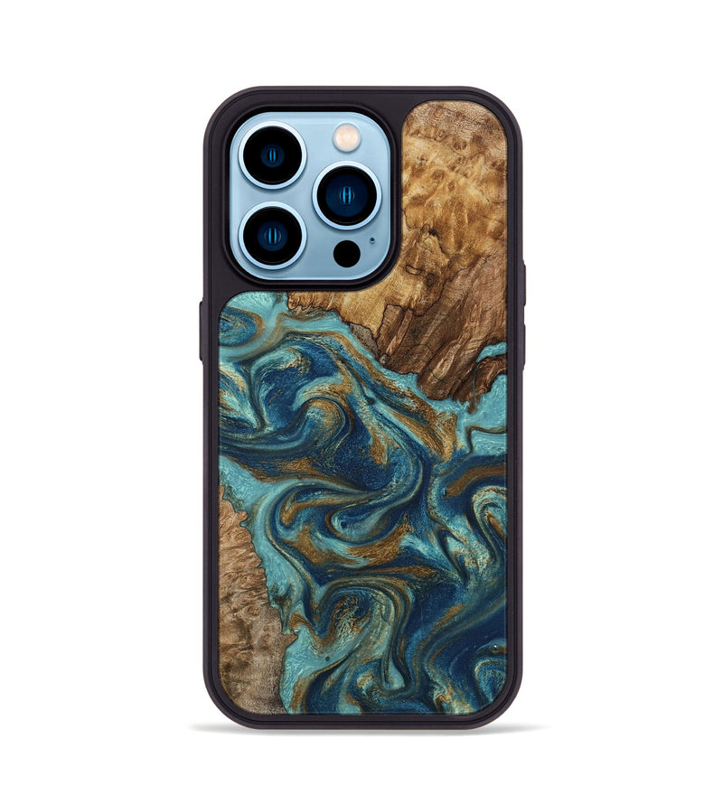 iPhone 14 Pro Wood Phone Case - Perla (Teal & Gold, 801460)