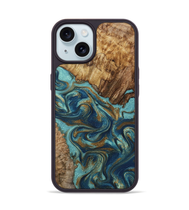 iPhone 15 Wood Phone Case - Perla (Teal & Gold, 801460)