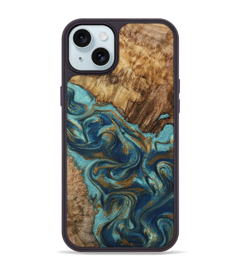 iPhone 15 Plus Wood Phone Case - Perla (Teal & Gold, 801460)