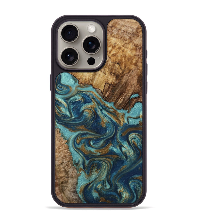 iPhone 15 Pro Max Wood Phone Case - Perla (Teal & Gold, 801460)