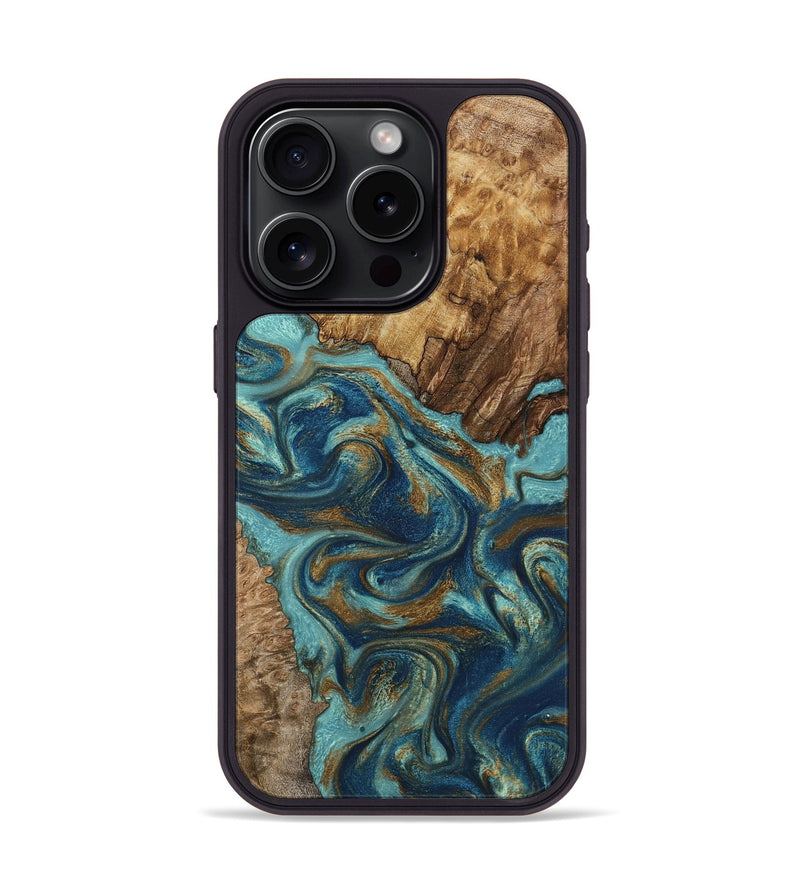 iPhone 15 Pro Wood Phone Case - Perla (Teal & Gold, 801460)