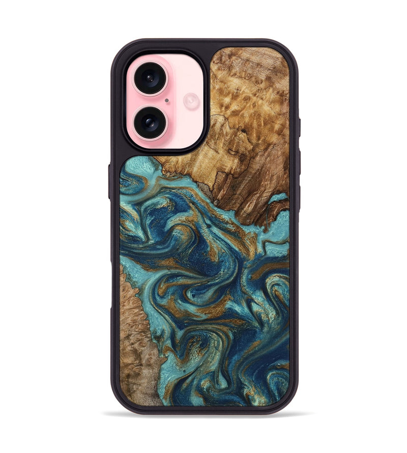 iPhone 16 Wood Phone Case - Perla (Teal & Gold, 801460)
