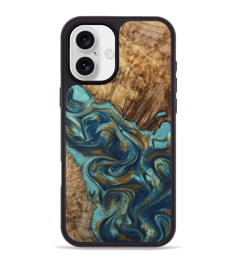 iPhone 16 Plus Wood Phone Case - Perla (Teal & Gold, 801460)