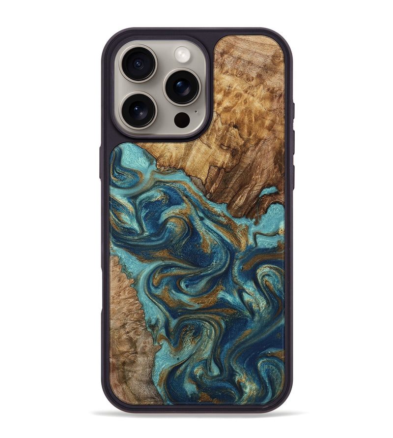 iPhone 16 Pro Max Wood Phone Case - Perla (Teal & Gold, 801460)