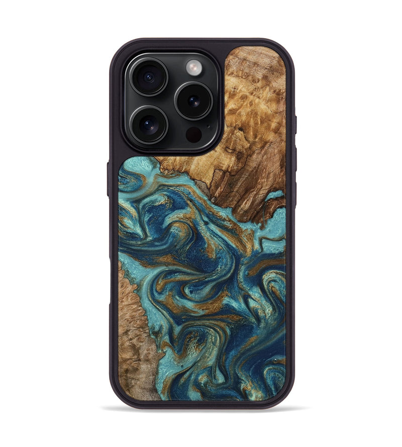 iPhone 16 Pro Wood Phone Case - Perla (Teal & Gold, 801460)