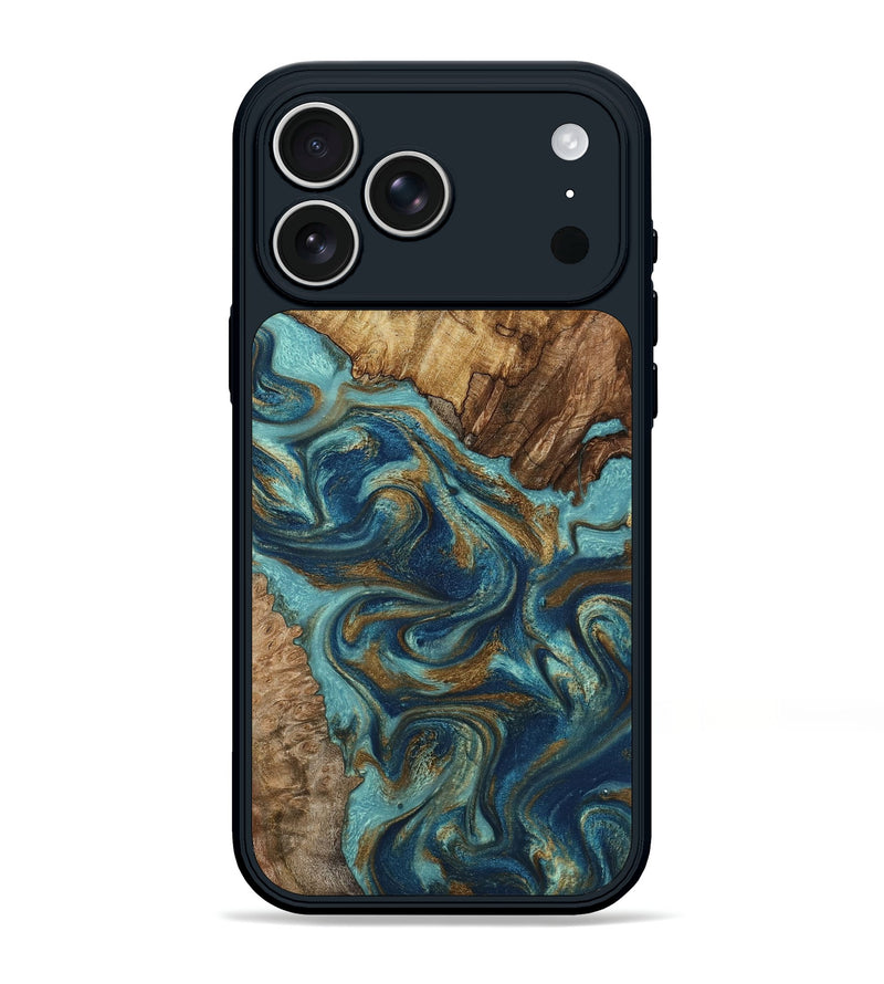 iPhone 17 Pro Max Wood Phone Case - Perla (Teal & Gold, 801460)