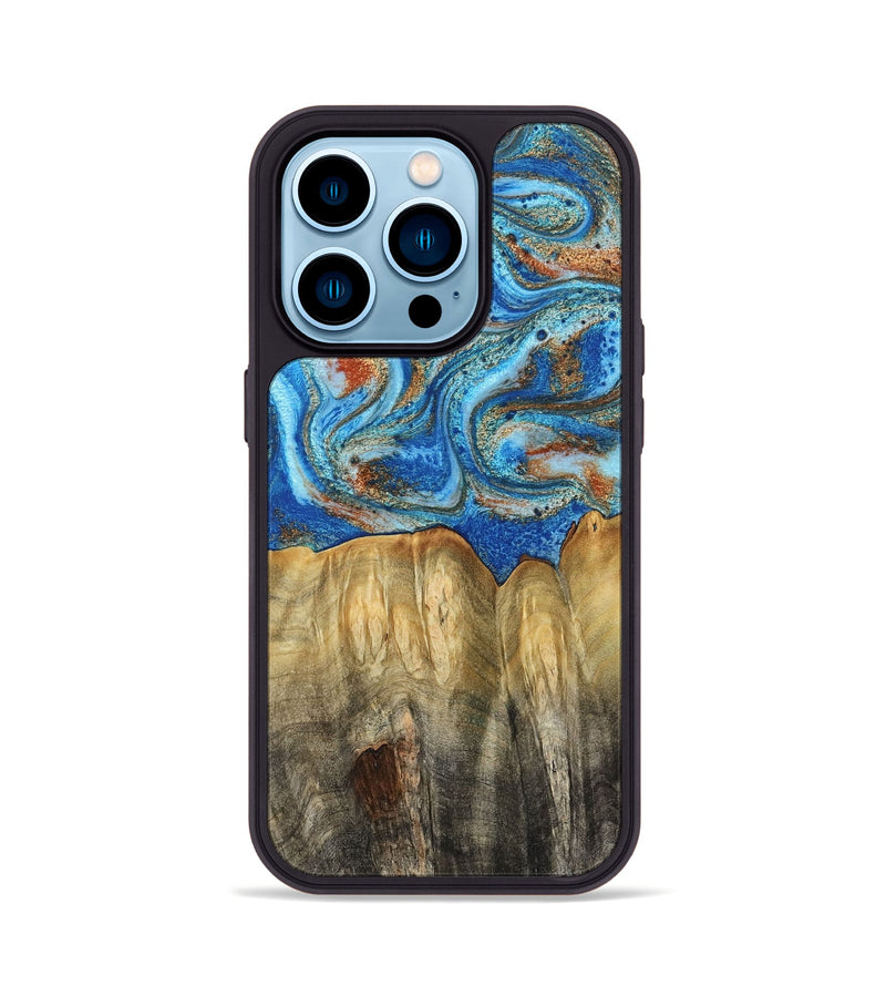 iPhone 14 Pro Wood Phone Case - Layne (Teal & Gold, 801461)