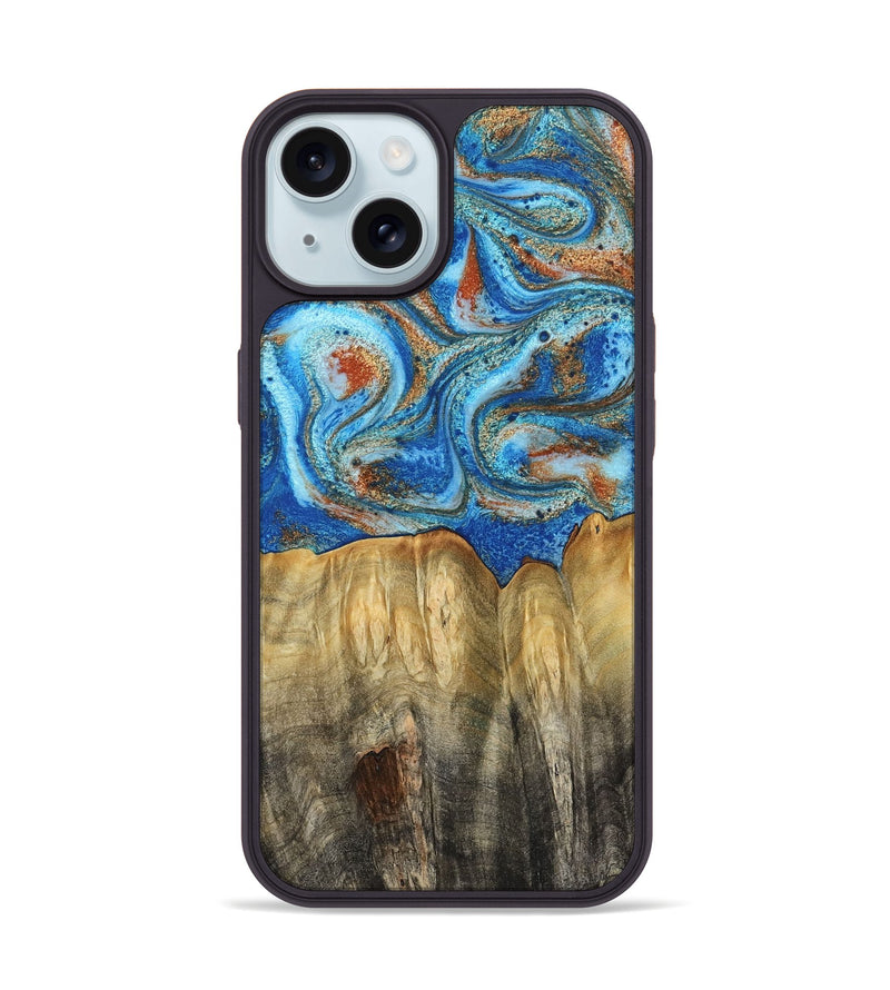 iPhone 15 Wood Phone Case - Layne (Teal & Gold, 801461)