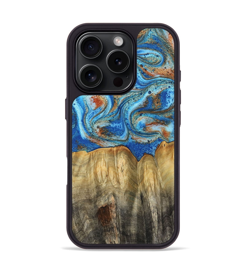 iPhone 16 Pro Wood Phone Case - Layne (Teal & Gold, 801461)