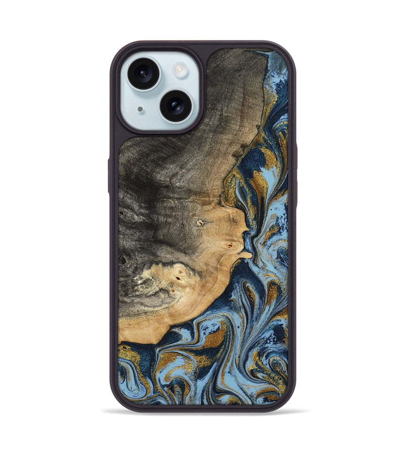 iPhone 15 Wood Phone Case - Earnest (Teal & Gold, 801463)