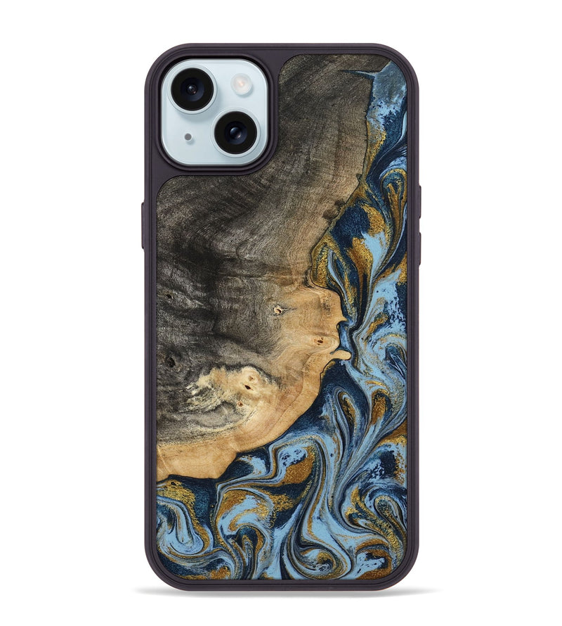 iPhone 15 Plus Wood Phone Case - Earnest (Teal & Gold, 801463)