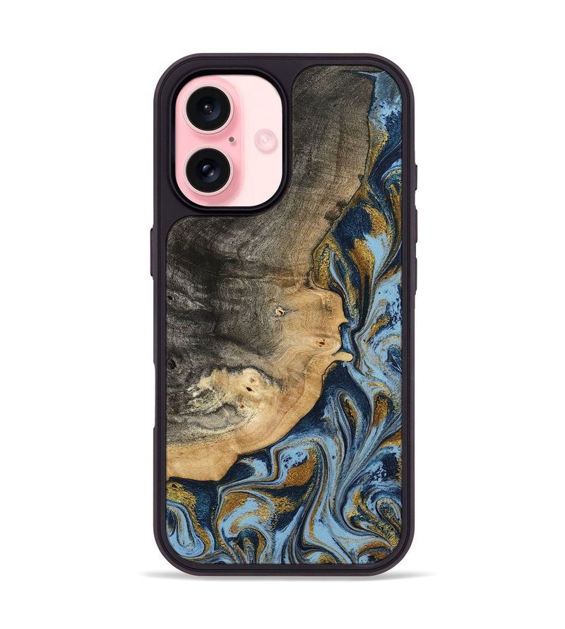 iPhone 16 Wood Phone Case - Earnest (Teal & Gold, 801463)