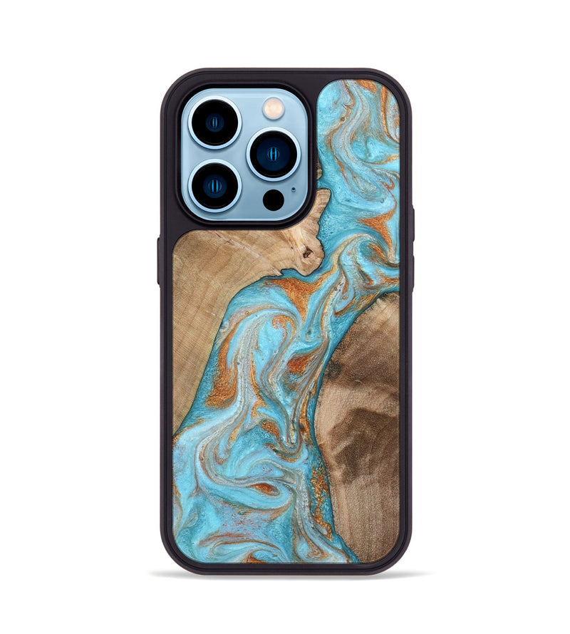 iPhone 14 Pro Wood Phone Case - Jody (Teal & Gold, 801464)