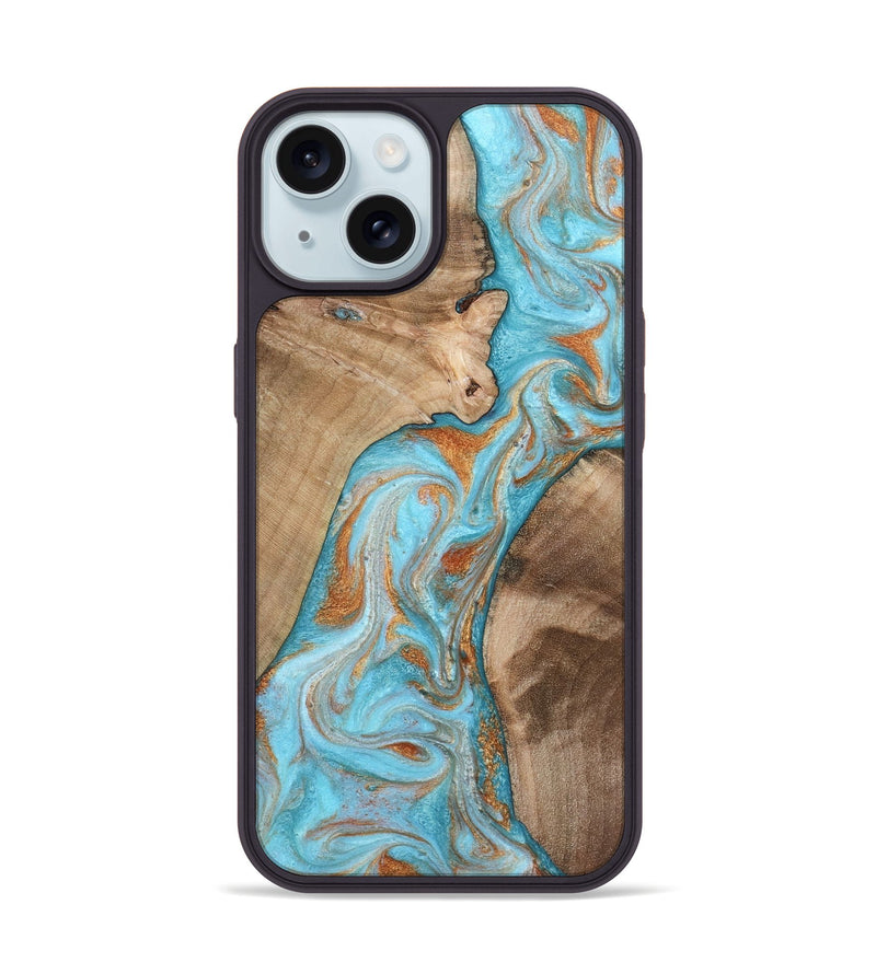 iPhone 15 Wood Phone Case - Jody (Teal & Gold, 801464)