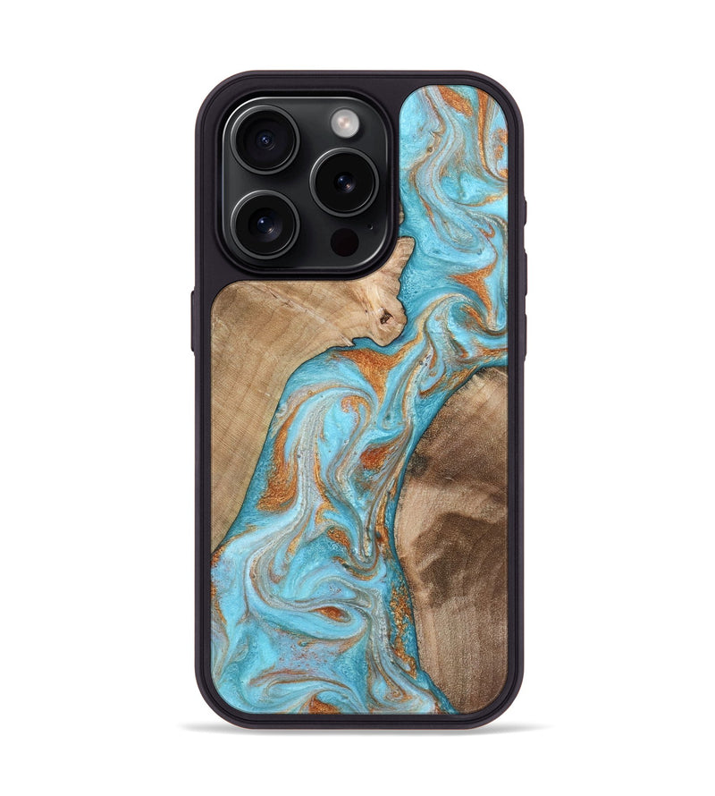iPhone 15 Pro Wood Phone Case - Jody (Teal & Gold, 801464)