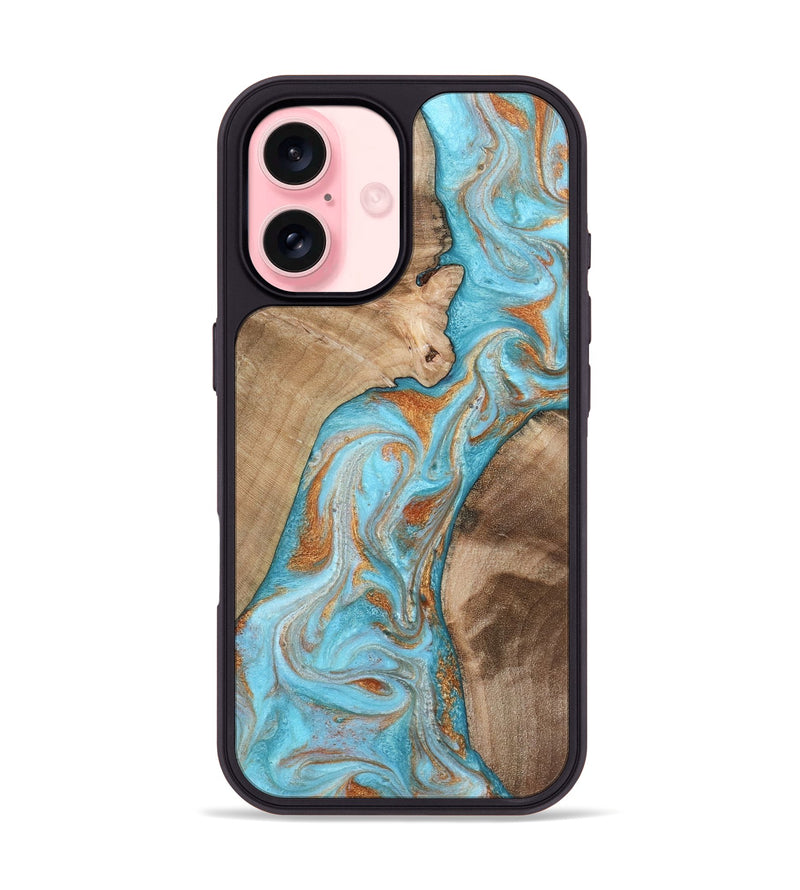 iPhone 16 Wood Phone Case - Jody (Teal & Gold, 801464)