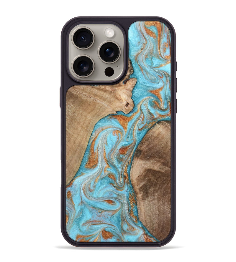iPhone 16 Pro Max Wood Phone Case - Jody (Teal & Gold, 801464)