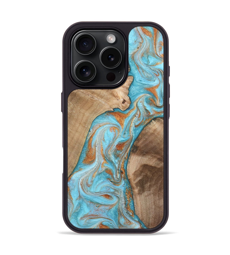 iPhone 16 Pro Wood Phone Case - Jody (Teal & Gold, 801464)