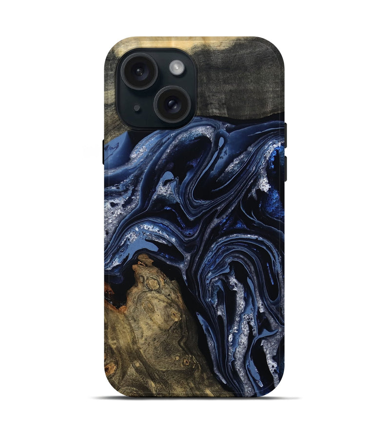 iPhone 15 Wood Live Edge Phone Case - Edward (Blue, 801475)