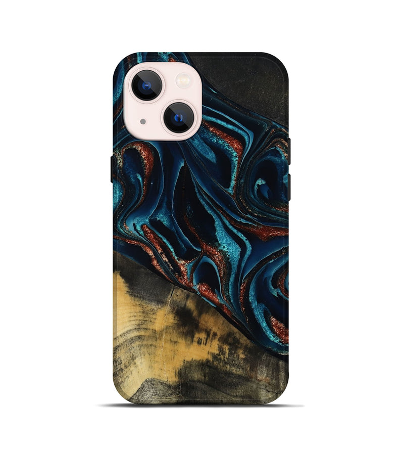 iPhone 13 mini Wood Live Edge Phone Case - Deann (Teal & Gold, 801476)