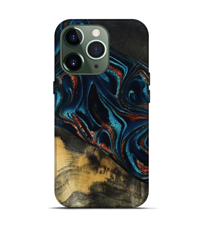 iPhone 13 Pro Wood Live Edge Phone Case - Deann (Teal & Gold, 801476)