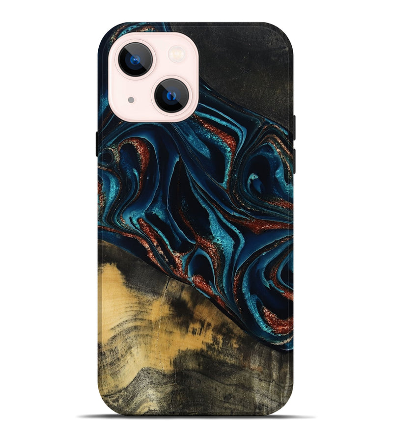 iPhone 14 Plus Wood Live Edge Phone Case - Deann (Teal & Gold, 801476)