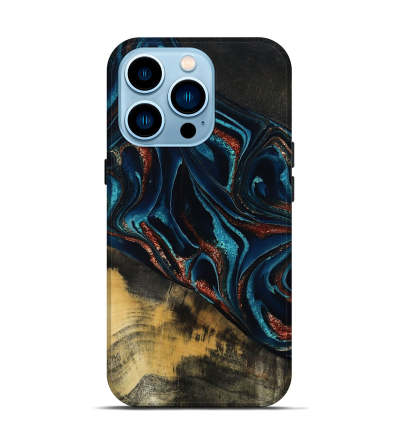 iPhone 14 Pro Wood Live Edge Phone Case - Deann (Teal & Gold, 801476)
