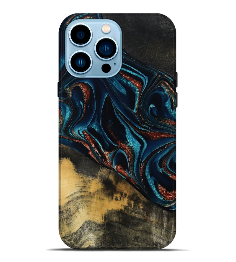 iPhone 14 Pro Max Wood Live Edge Phone Case - Deann (Teal & Gold, 801476)