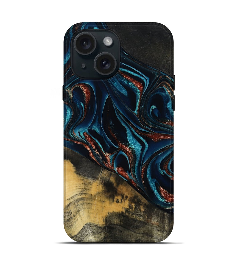 iPhone 15 Wood Live Edge Phone Case - Deann (Teal & Gold, 801476)