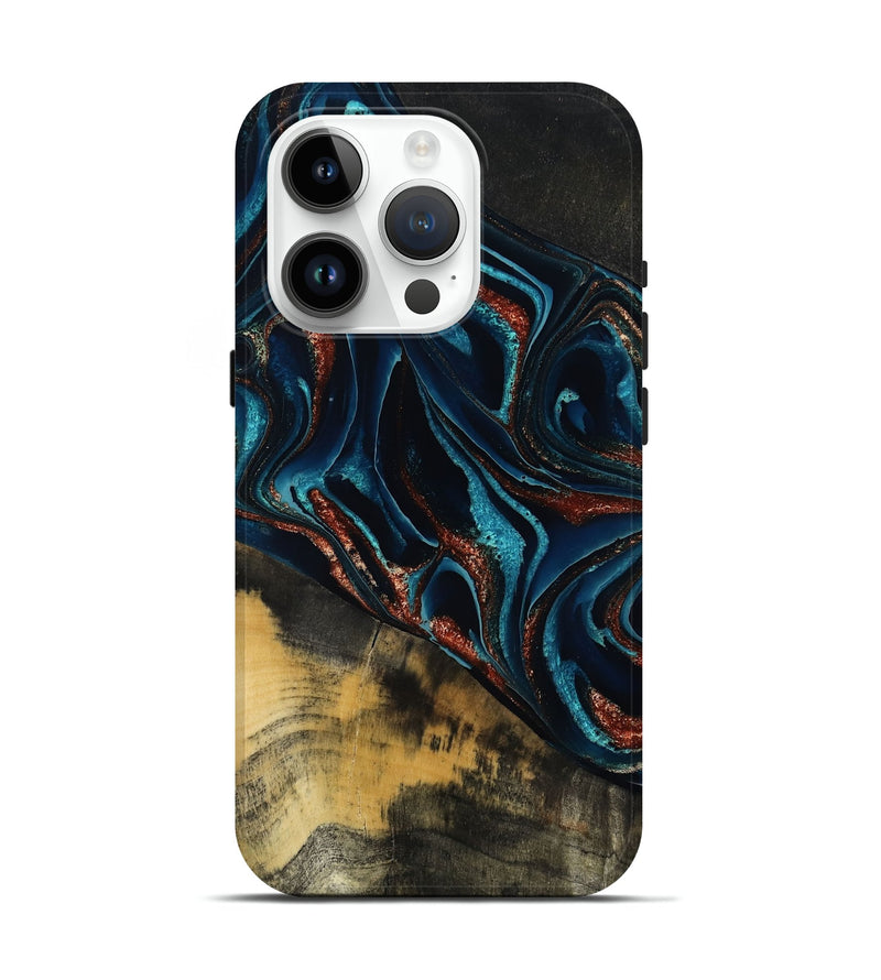 iPhone 15 Pro Wood Live Edge Phone Case - Deann (Teal & Gold, 801476)