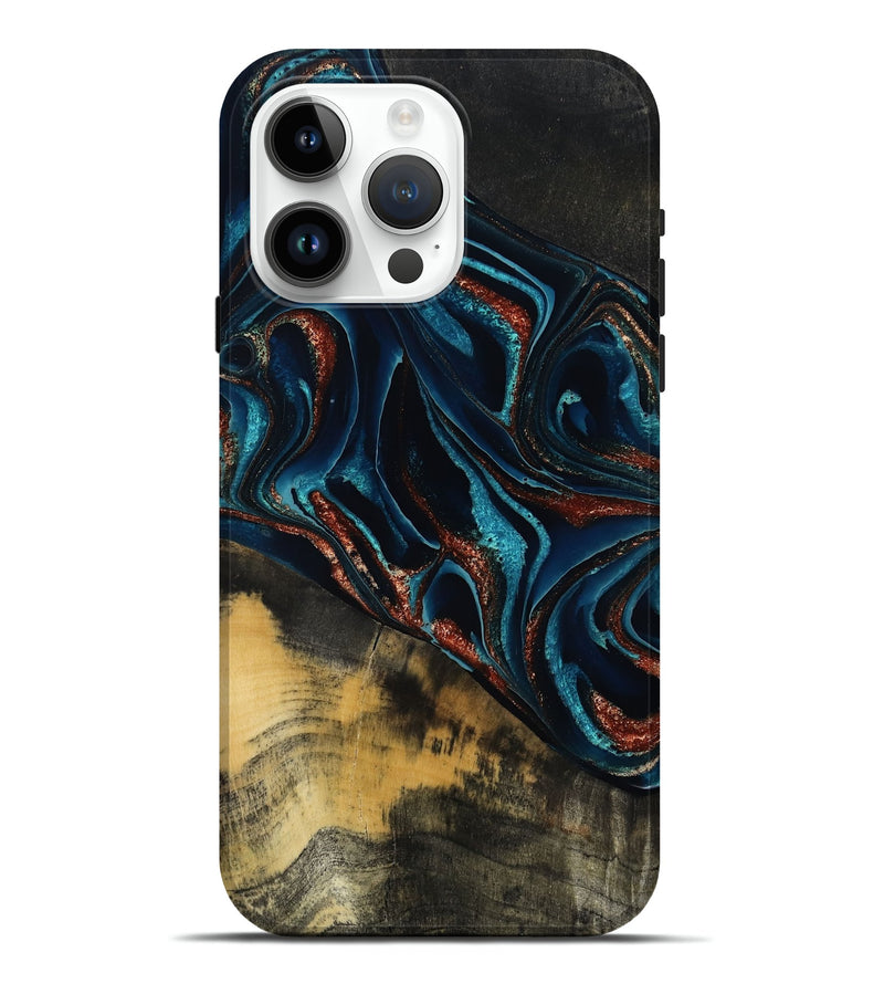 iPhone 15 Pro Max Wood Live Edge Phone Case - Deann (Teal & Gold, 801476)