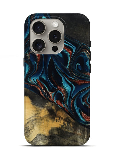 iPhone 16 Pro Wood Live Edge Phone Case - Deann (Teal & Gold, 801476)